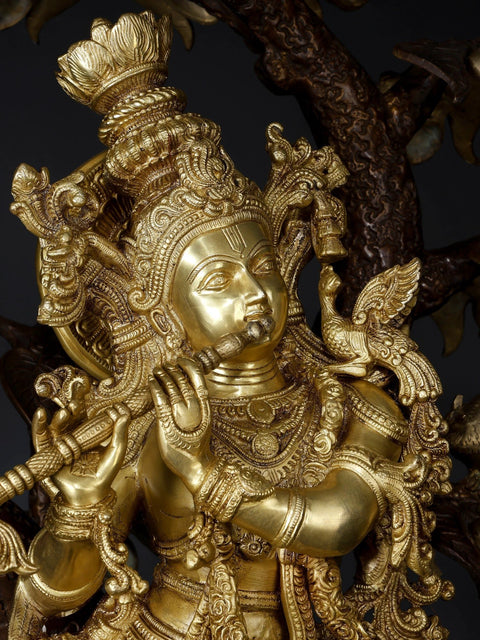 34" Large Tribhanga Murari Krishna Playing Flute Under The Tree | Brass Statue