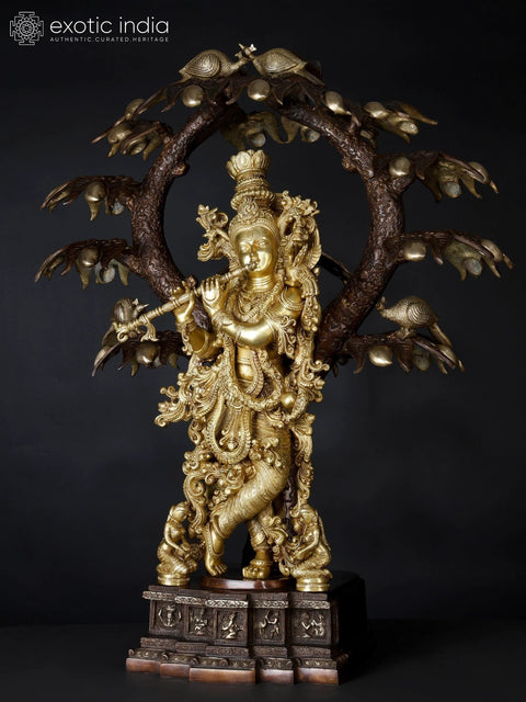 34" Large Tribhanga Murari Krishna Playing Flute Under The Tree | Brass Statue