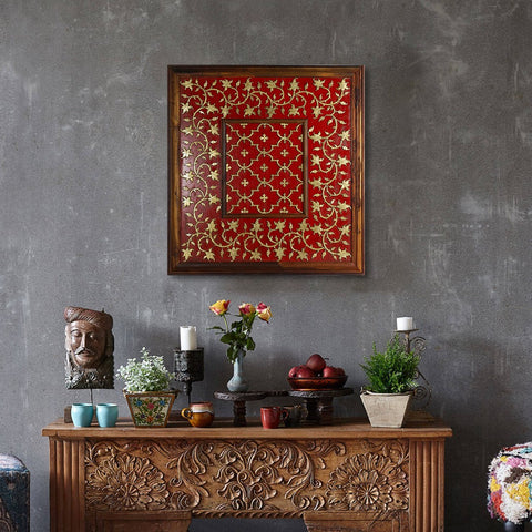 48" Large Brass Floral Design Wooden Frame | Wall Hanging