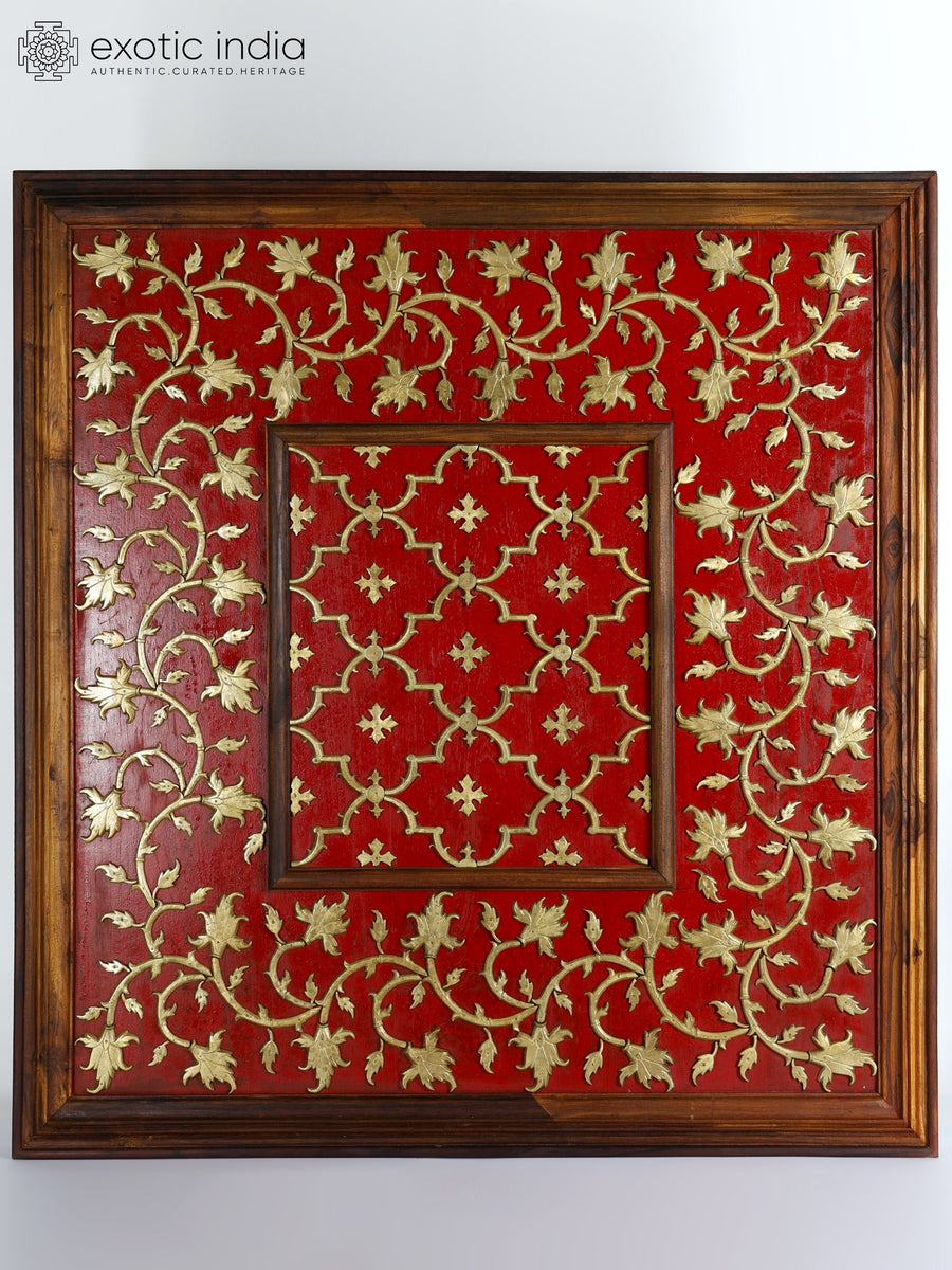 48" Large Brass Floral Design Wooden Frame Wall Hanging