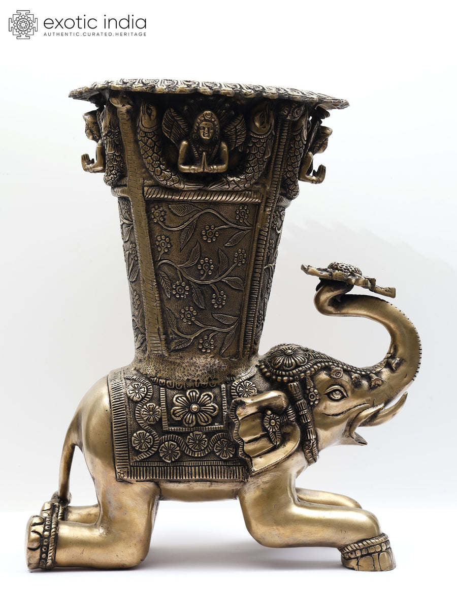 21" Brass Elephant Design Vase for Home Decor