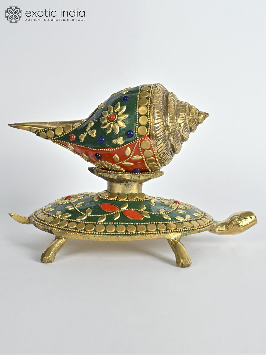 7" Brass Conch on Tortoise Statue with Inlay