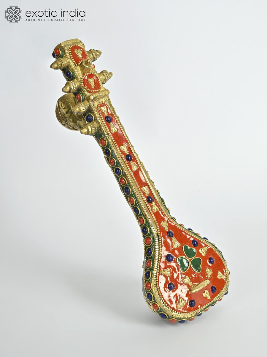 8" Small Brass Veena Statue with Inlay Work