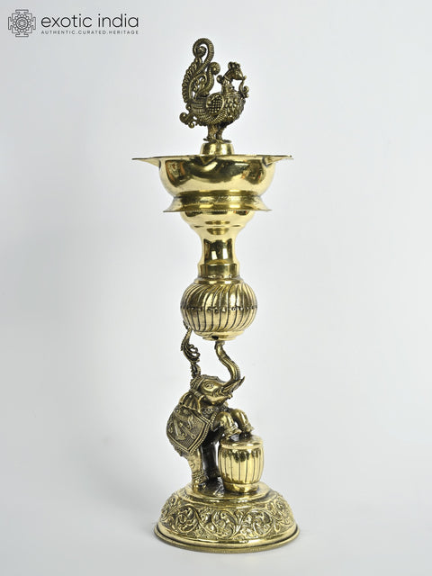12" Superfine Elephant Design Peacock Lamp in Brass