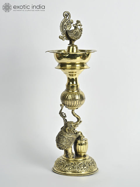 12" Superfine Elephant Design Peacock Lamp in Brass