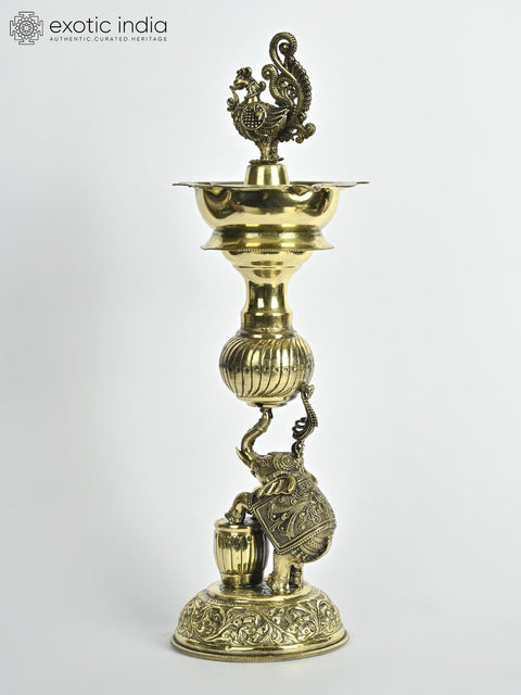 12" Superfine Elephant Design Peacock Lamp in Brass