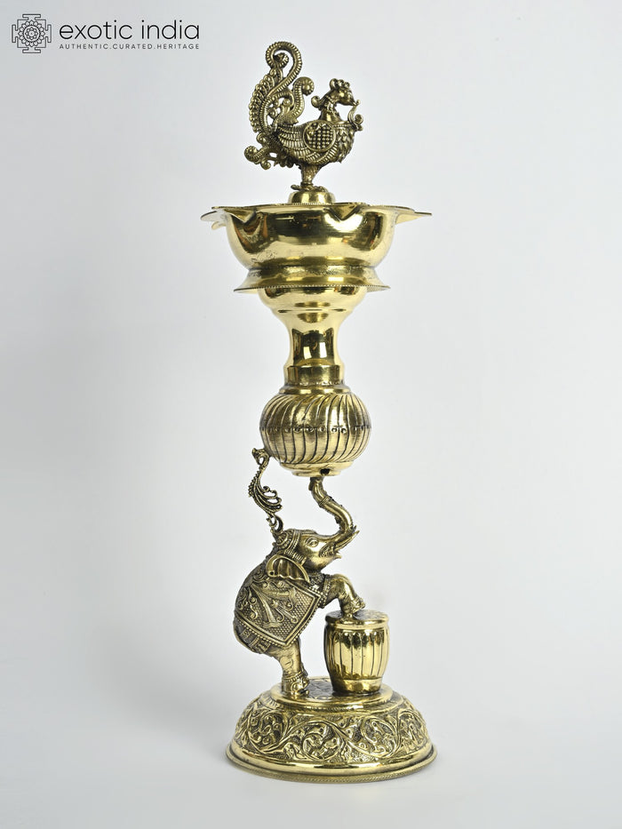 12" Brass Peacock Lamp with Elephant Design - Handmade