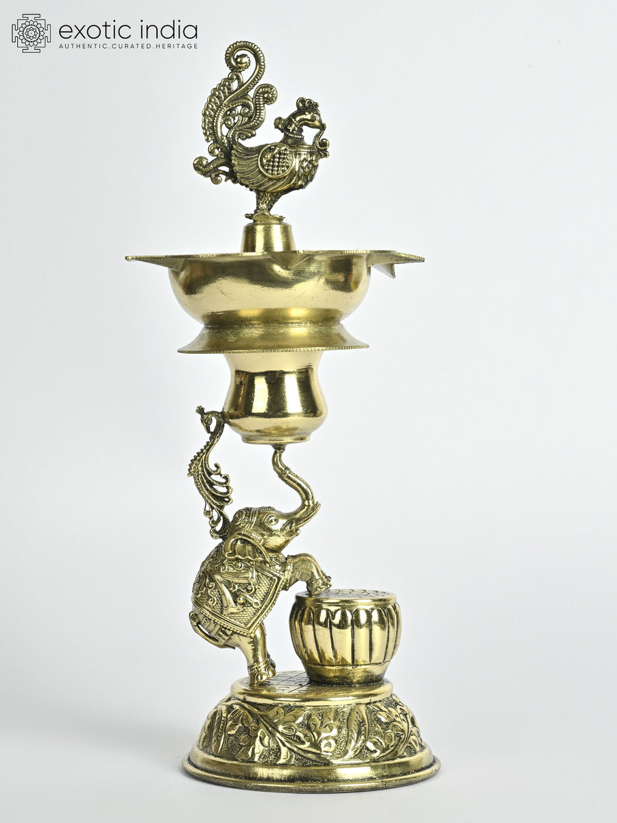 8" Designer Brass Peacock Lamp with Elephant Base