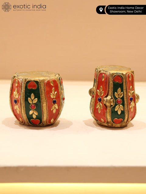 3" Small Pair of Decorative Tabla Showpieces | Brass with Inlay Work | Musical Decor