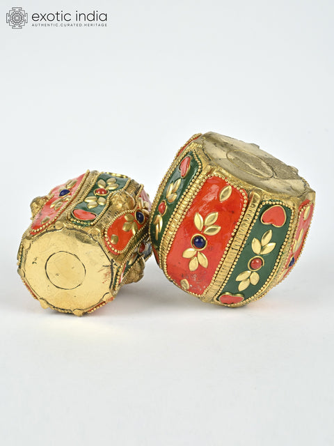 3" Small Pair of Decorative Tabla Showpieces | Brass with Inlay Work | Musical Decor