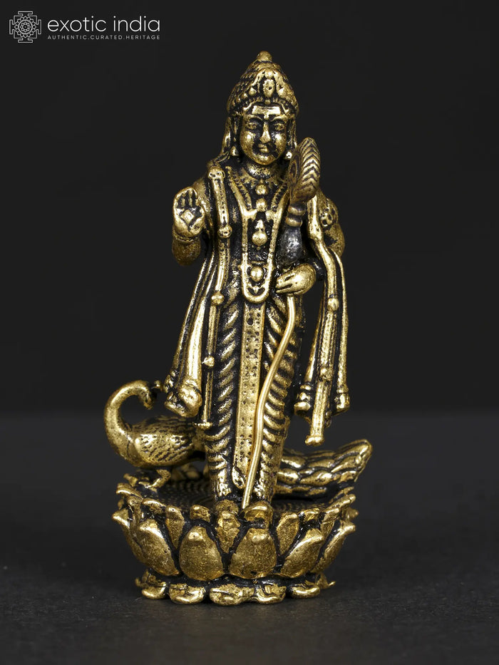 Small Superfine Standing Lord Kartikeya Brass Statue with Peacock