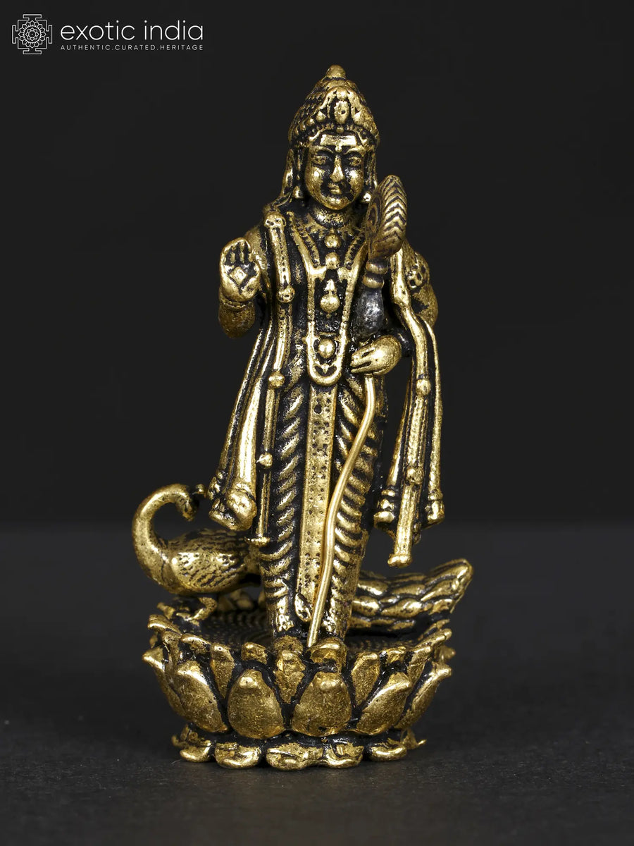 Small Superfine Standing Lord Kartikeya Brass Statue with Peacock