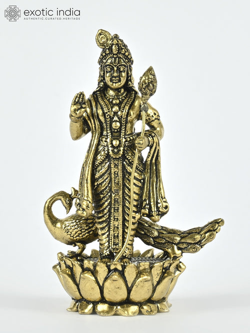 2" Lord Kartikeya Brass Statue with Peacock on Lotus