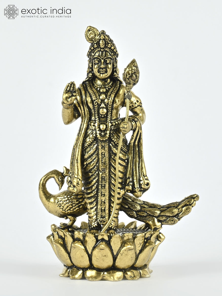 2" Lord Kartikeya Brass Statue with Peacock on Lotus