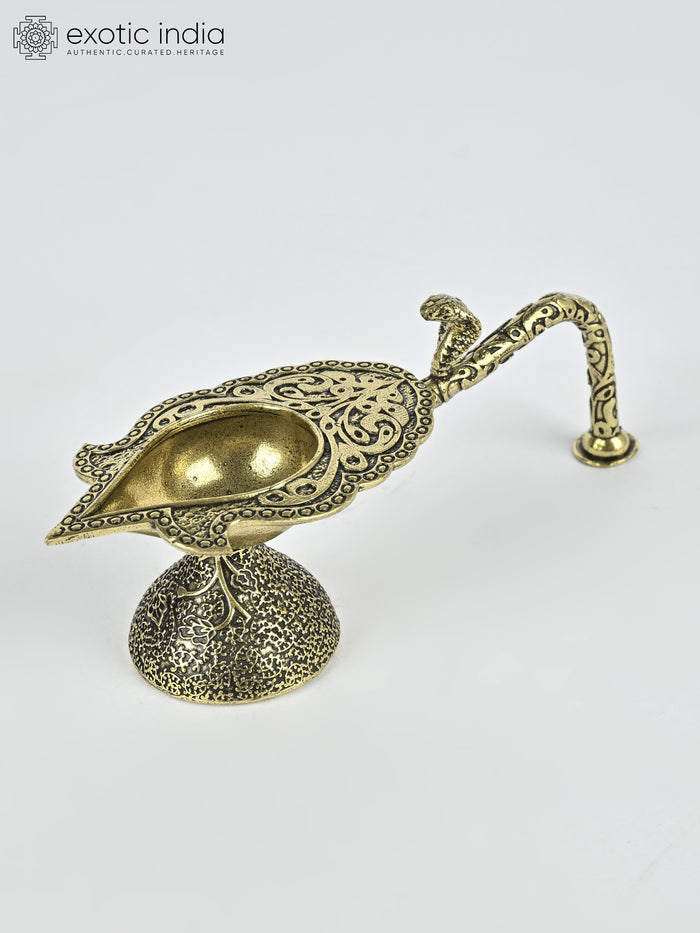 4" Brass Arti Diya with Snake Handmade Handheld Idol