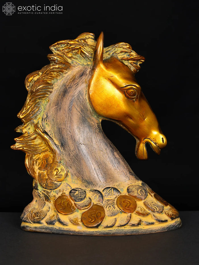 6" Feng Shui Horse Brass Statue on Golden Coins for Home Decor