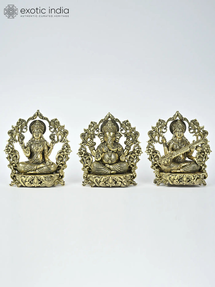 4" Lakshmi Ganesha Saraswati Brass Statues with Floral Prabhavali