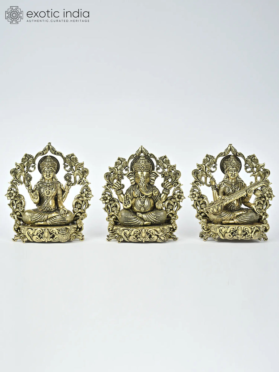4" Lakshmi Ganesha Saraswati Brass Statues with Floral Prabhavali