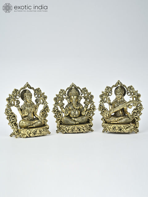 4" Small Superfine Lakshmi Ganesha Saraswati Brass Statues with Floral Prabhavali
