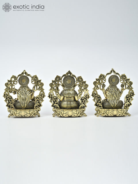 4" Small Superfine Lakshmi Ganesha Saraswati Brass Statues with Floral Prabhavali