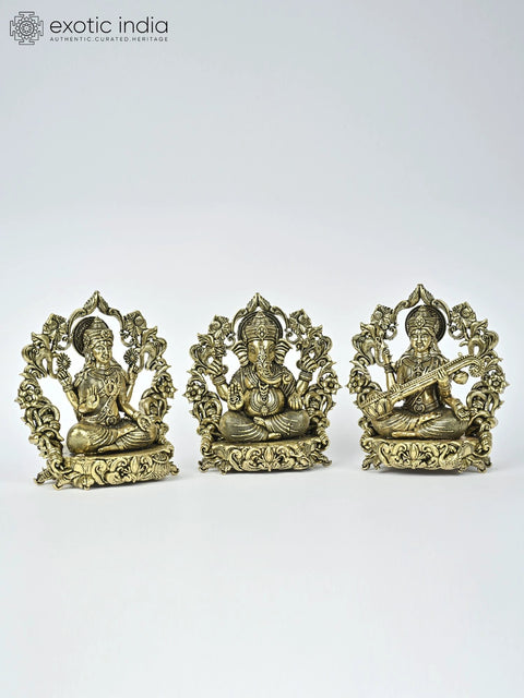 4" Small Superfine Lakshmi Ganesha Saraswati Brass Statues with Floral Prabhavali