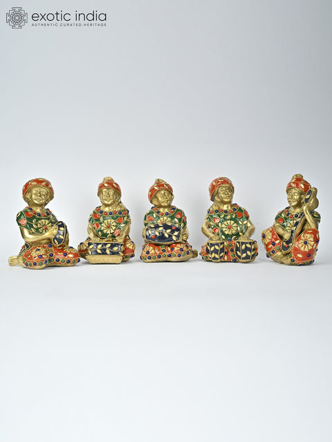 5" Set of Five Musicians Brass Statues with Inlay Work | Table Decor for Bedroom