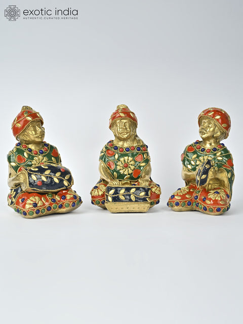 5" Set of Five Musicians Brass Statues with Inlay Work | Table Decor for Bedroom