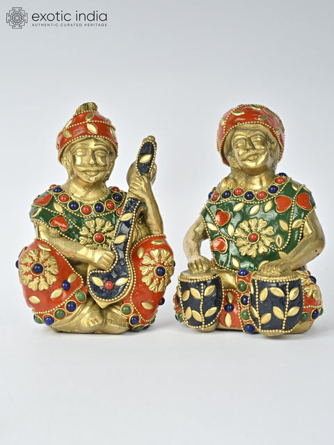 5" Set of Five Musicians Brass Statues with Inlay Work | Table Decor for Bedroom