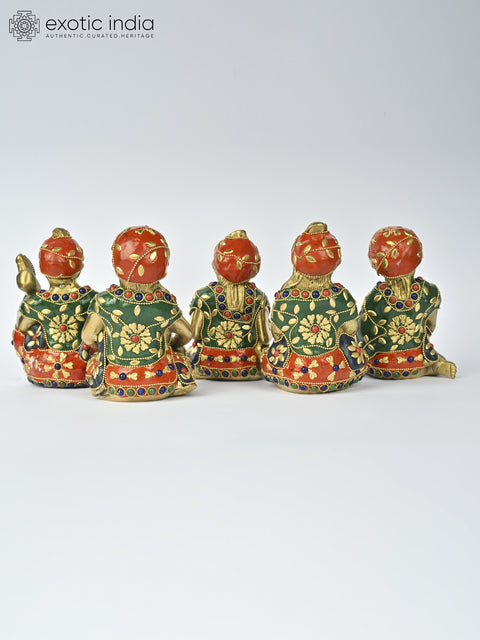 5" Set of Five Musicians Brass Statues with Inlay Work | Table Decor for Bedroom