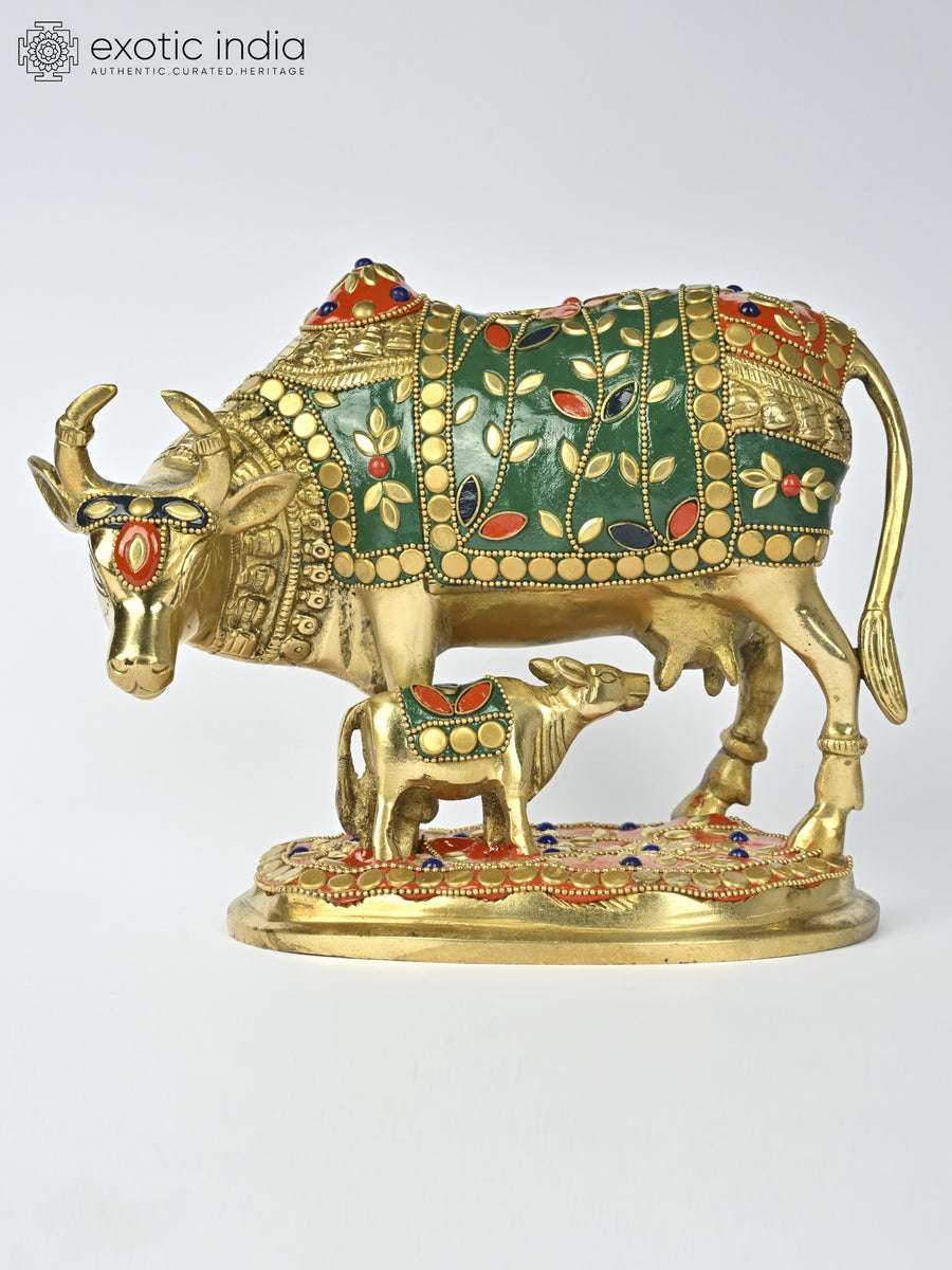 8" Brass Cow and Calf Statue with Inlay Work for Home Decor