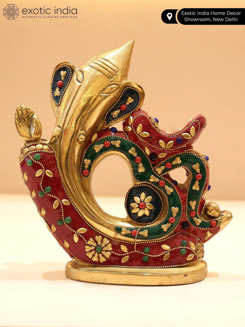 7" Stylized Om Ganesha | Brass Statue with Inlay Work