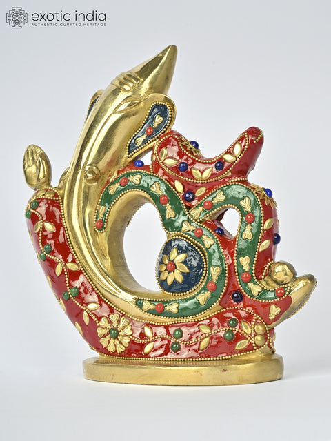 7" Stylized Om Ganesha | Brass Statue with Inlay Work
