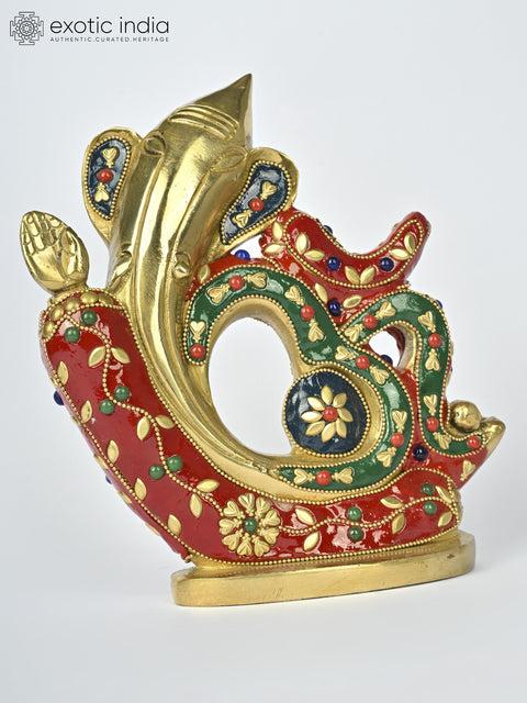 7" Stylized Om Ganesha | Brass Statue with Inlay Work