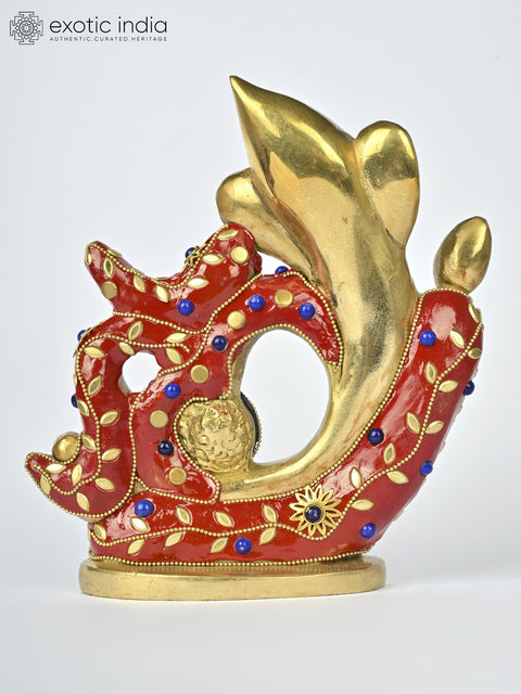 7" Stylized Om Ganesha | Brass Statue with Inlay Work
