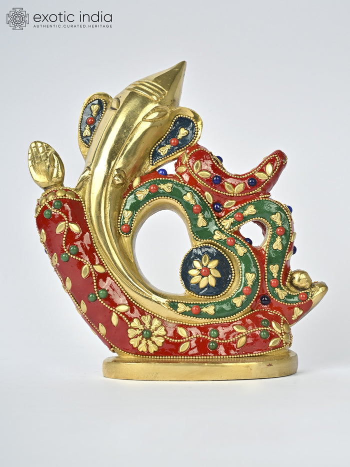 7" Handmade Om Ganesha Brass Statue with Inlay Work