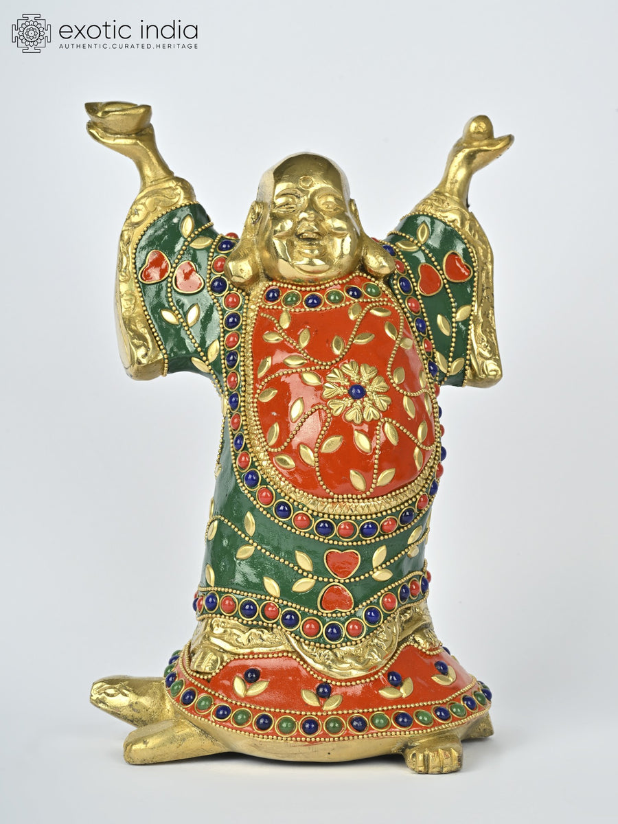 8" Laughing Buddha on Tortoise Brass Statue with Inlay Work
