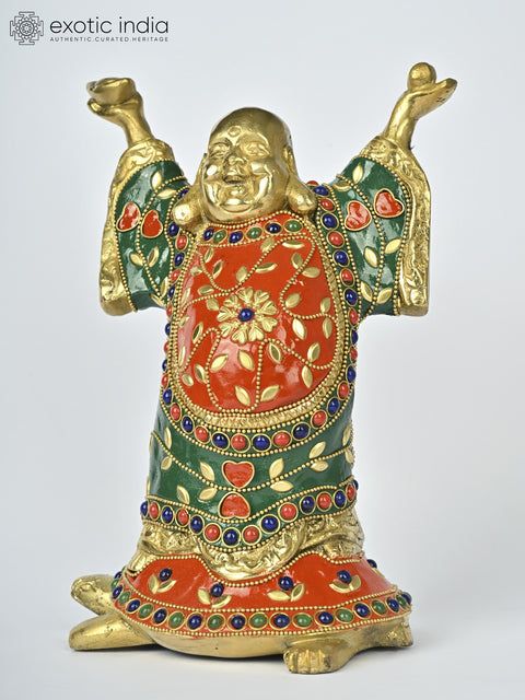 8" Laughing Buddha Standing on Tortoise | Brass Statue with Inlay Work
