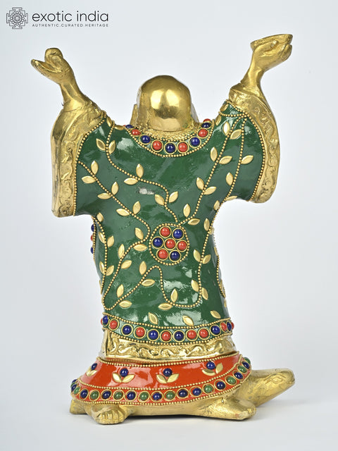 8" Laughing Buddha Standing on Tortoise | Brass Statue with Inlay Work