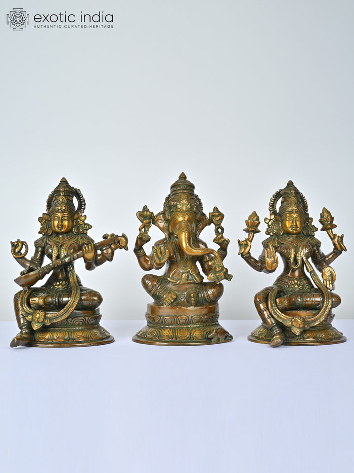 10" Ganesha Lakshmi Saraswati Brass Statue Set for Pooja