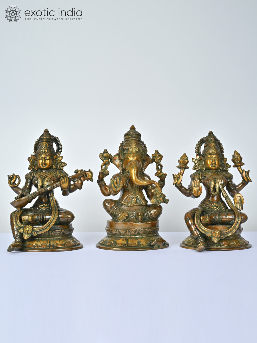 10" Ganesha Lakshmi Saraswati Brass Statue Set for Pooja