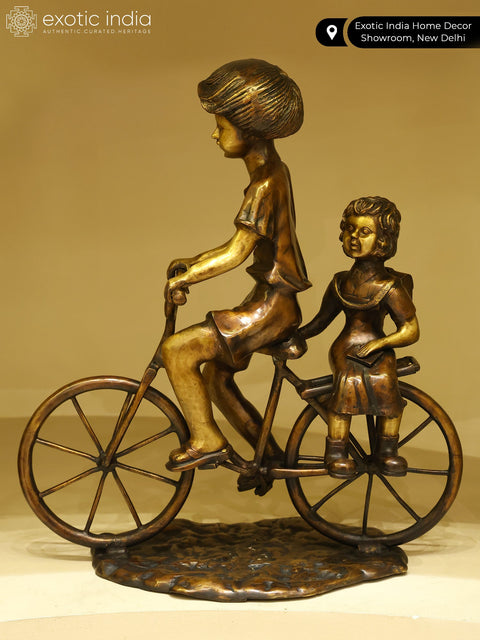 23" Girl Taking Her Younger Sister to School on Bicycle | Decorative Brass Statue | Home Decor
