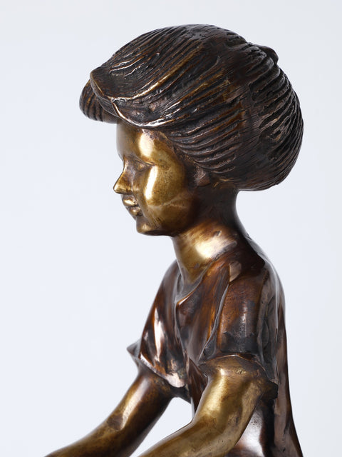 23" Girl Taking Her Younger Sister to School on Bicycle | Decorative Brass Statue | Home Decor