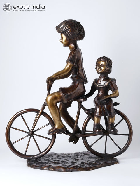 23" Girl Taking Her Younger Sister to School on Bicycle | Decorative Brass Statue | Home Decor