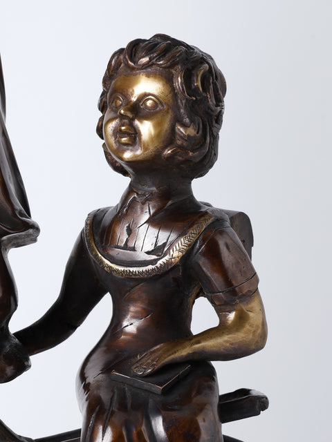 23" Girl Taking Her Younger Sister to School on Bicycle | Decorative Brass Statue | Home Decor