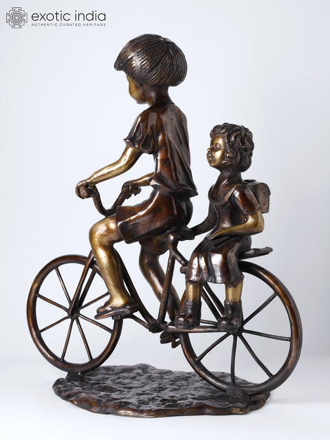 23" Girl Taking Her Younger Sister to School on Bicycle | Decorative Brass Statue | Home Decor