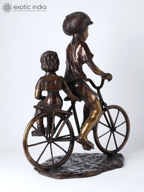 23" Girl Taking Her Younger Sister to School on Bicycle | Decorative Brass Statue | Home Decor