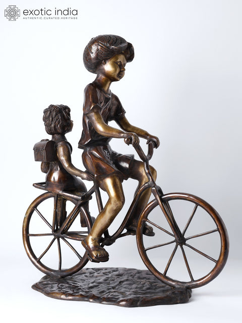 23" Girl Taking Her Younger Sister to School on Bicycle | Decorative Brass Statue | Home Decor