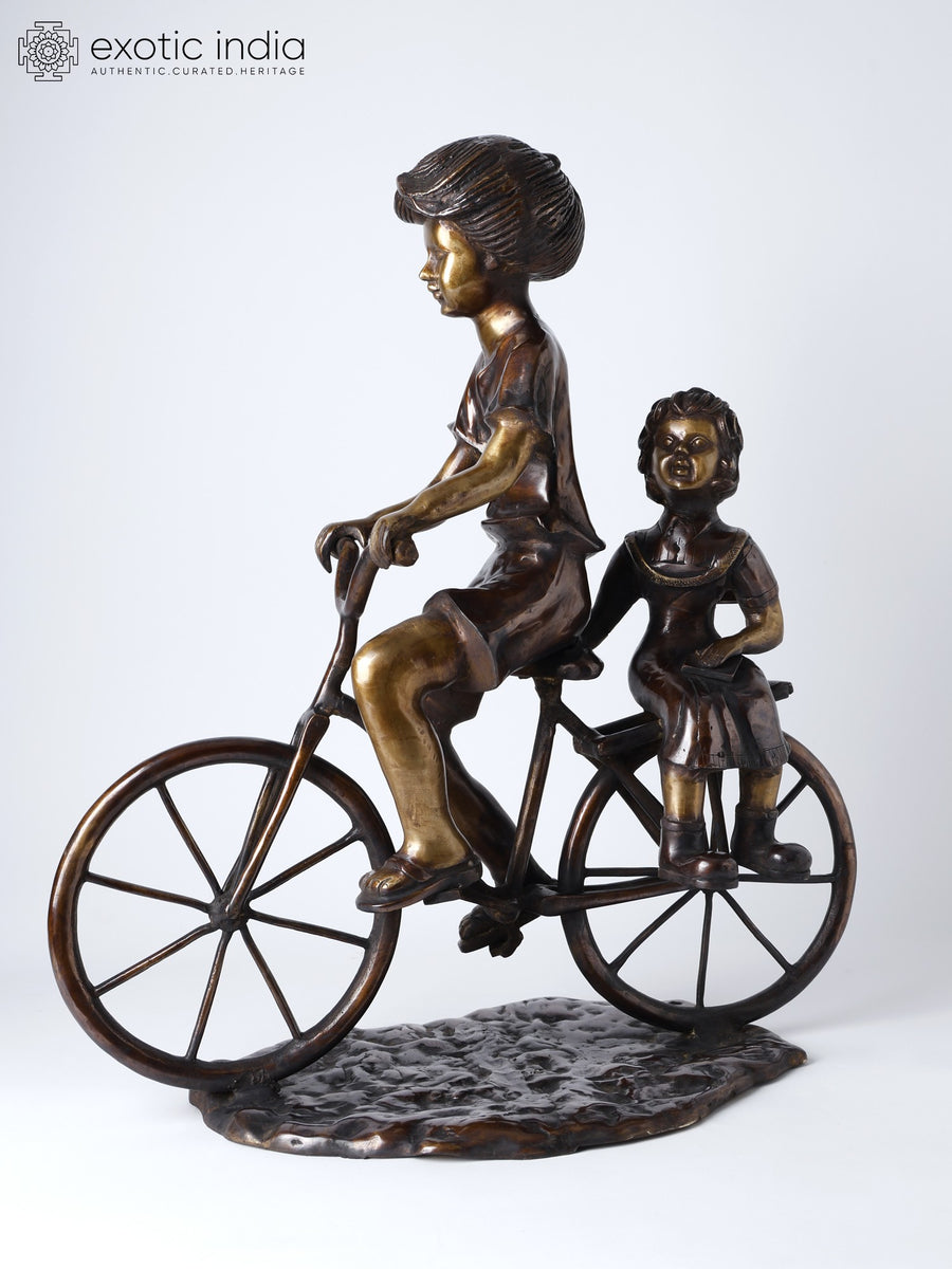 23" Handmade Brass Statue Girl Sister Bicycle Home Decor
