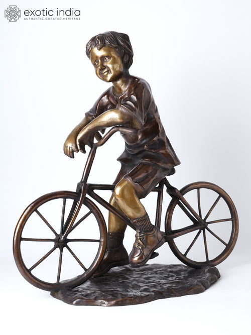 23" Bicycle Boy Brass Statue Handmade Home Decor