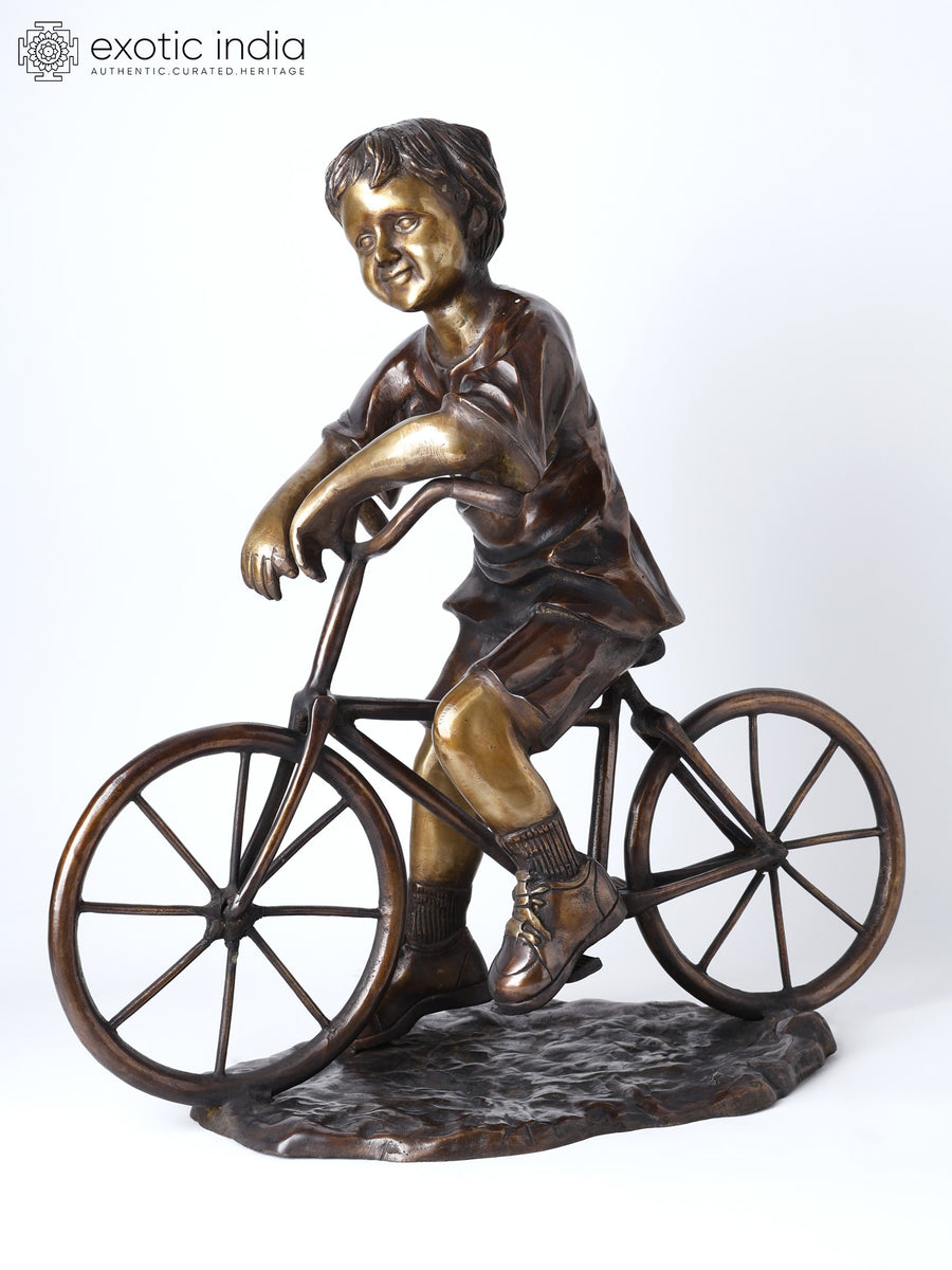 23" Bicycle Boy Brass Statue Handmade Home Decor